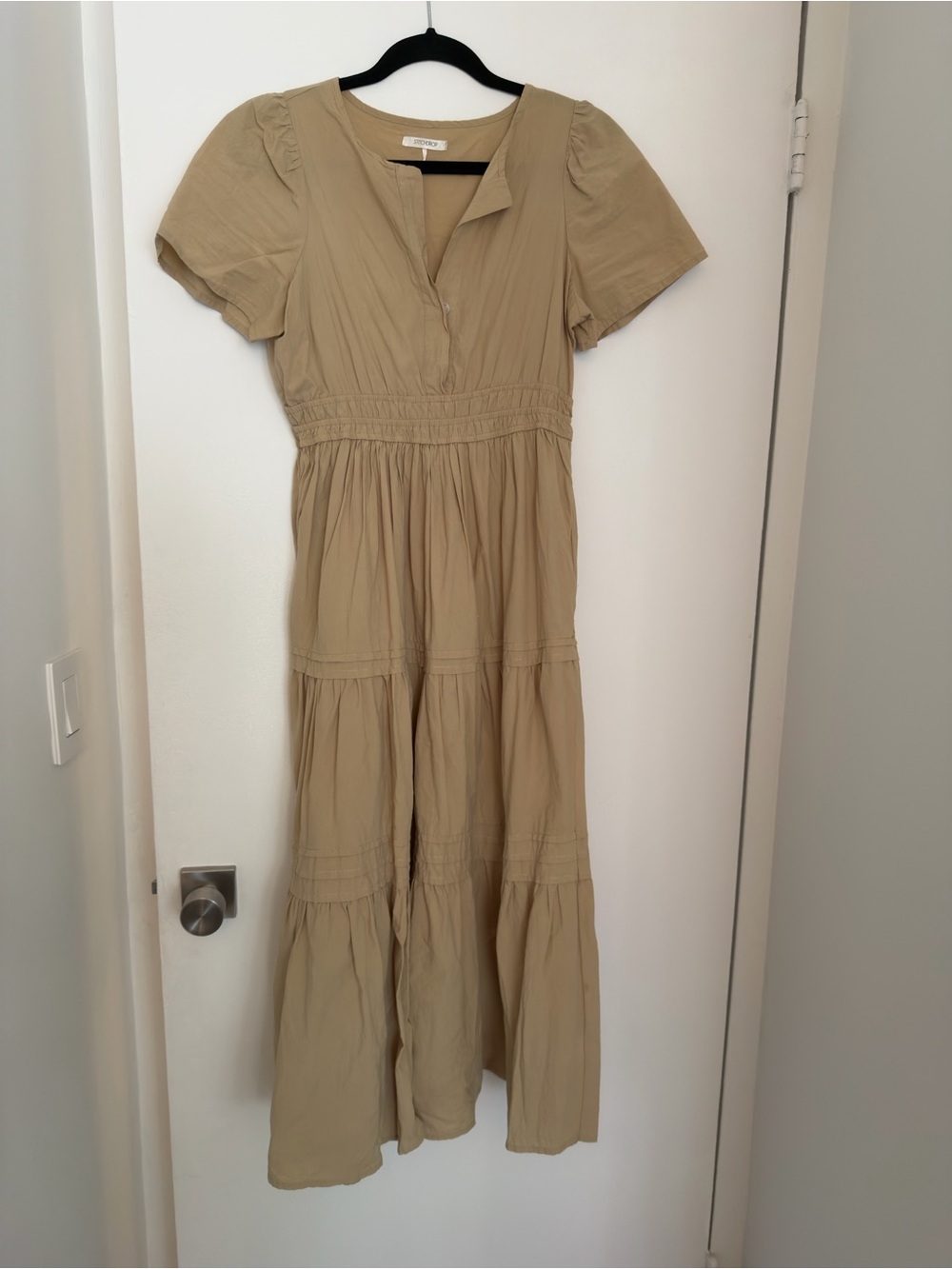Smocked Waist Taupe Maxi Dress with Short Sleeves